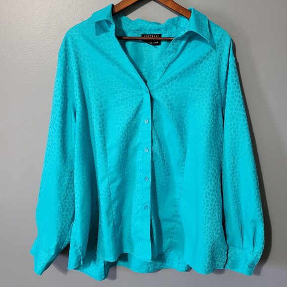 FOXCROFT Button Up Top Size 22W Wrinkle Free Fitted Blue Long Sleeve Career - Picture 1 of 11